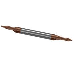Accupro - 1/16", 1/8" LOC, 1/8" Shank Diam, 1-1/2" OAL, 2 Flute, Solid Carbide Square End Mill - Double End, TiCN Finish, Spiral Flute, 30° Helix, Centercutting, Right Hand Cut, Right Hand Flute - Eagle Tool & Supply