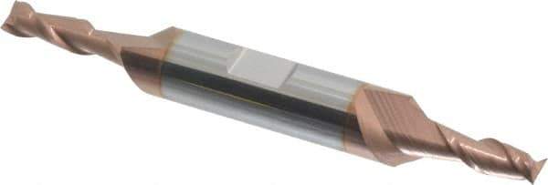 Accupro - 3/16", 1/2" LOC, 3/8" Shank Diam, 3" OAL, 2 Flute, Solid Carbide Square End Mill - Double End, TiCN Finish, Spiral Flute, 40° Helix, Centercutting, Right Hand Cut, Right Hand Flute - Eagle Tool & Supply