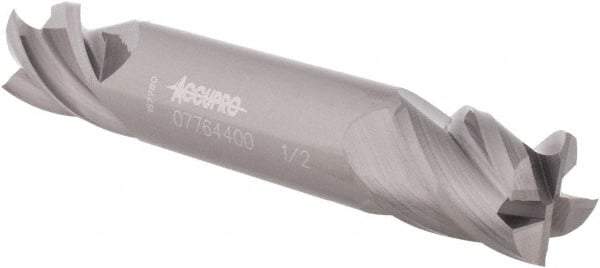 Accupro - 1/2", 5/8" LOC, 1/2" Shank Diam, 3" OAL, 4 Flute, Solid Carbide Square End Mill - Double End, Uncoated, Spiral Flute, 40° Helix, Centercutting, Right Hand Cut, Right Hand Flute - Eagle Tool & Supply