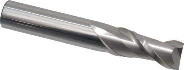Accupro - 9/16", 1-1/4" LOC, 9/16" Shank Diam, 3-1/2" OAL, 2 Flute, Solid Carbide Square End Mill - Single End, Uncoated, Spiral Flute, 40° Helix, Centercutting, Right Hand Cut, Right Hand Flute - Eagle Tool & Supply