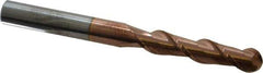 Accupro - 3/8" Diam, 1-3/4" LOC, 2 Flute Solid Carbide Ball End Mill - TiCN Finish, Single End, 4" OAL, 3/8" Shank Diam, Spiral Flute - Eagle Tool & Supply