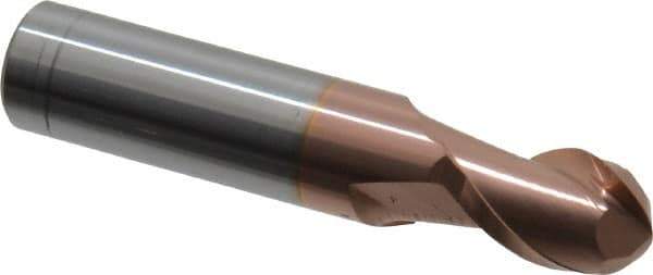 Accupro - 29/64" Diam, 5/8" LOC, 2 Flute Solid Carbide Ball End Mill - TiCN Finish, Single End, 2-1/2" OAL, 1/2" Shank Diam, Spiral Flute - Eagle Tool & Supply