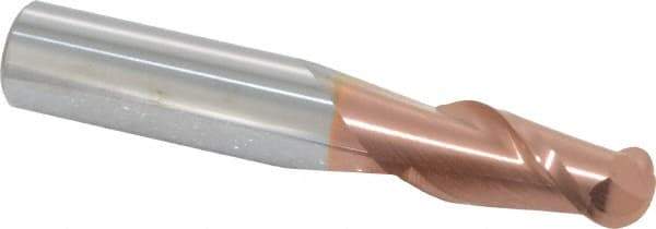 Accupro - 15/32" Diam, 1" LOC, 2 Flute Solid Carbide Ball End Mill - TiCN Finish, Single End, 3" OAL, 1/2" Shank Diam, Spiral Flute - Eagle Tool & Supply