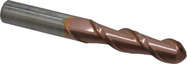 Accupro - 1/2" Diam, 2" LOC, 2 Flute Solid Carbide Ball End Mill - TiCN Finish, Single End, 4" OAL, 1/2" Shank Diam, Spiral Flute - Eagle Tool & Supply