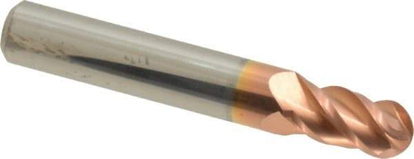 Accupro - 9/32" Diam, 1/2" LOC, 4 Flute Solid Carbide Ball End Mill - TiCN Finish, Single End, 2" OAL, 5/16" Shank Diam, Spiral Flute - Eagle Tool & Supply