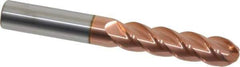 Accupro - 1/2" Diam, 2" LOC, 4 Flute Solid Carbide Ball End Mill - TiCN Finish, Single End, 4" OAL, 1/2" Shank Diam, Spiral Flute - Eagle Tool & Supply
