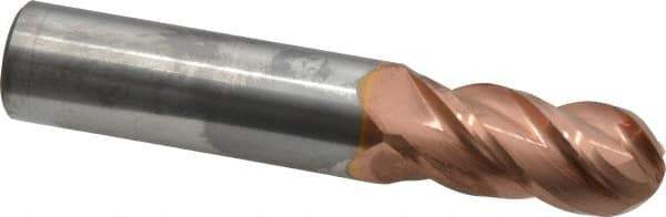 Accupro - 11/16" Diam, 1-1/2" LOC, 4 Flute Solid Carbide Ball End Mill - TiCN Finish, Single End, 4" OAL, 3/4" Shank Diam, Spiral Flute - Eagle Tool & Supply