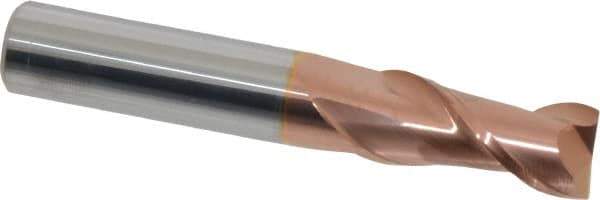 Accupro - 9/16", 1-1/4" LOC, 9/16" Shank Diam, 3-1/2" OAL, 2 Flute, Solid Carbide Square End Mill - Single End, TiCN Finish, Spiral Flute, 40° Helix, Centercutting, Right Hand Cut, Right Hand Flute - Eagle Tool & Supply