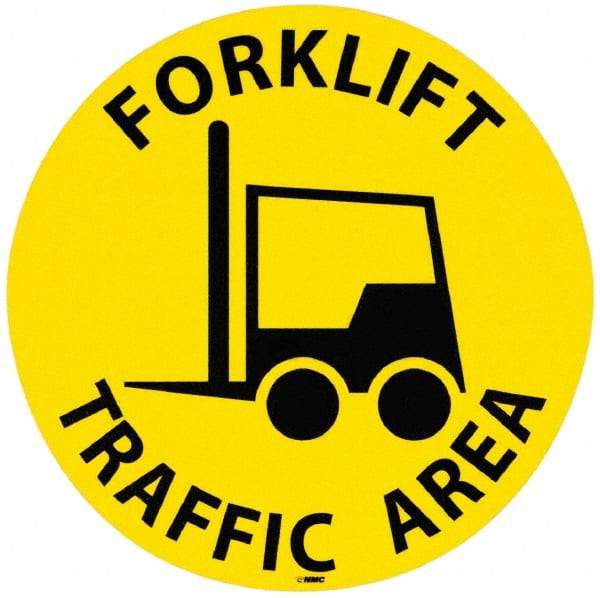 NMC - Forklift Traffic Area, Anti-Skid Pressure-Sensitive Vinyl Floor Sign - Round, Black on Yellow, Adhesive Backed, For Accident Prevention - Eagle Tool & Supply