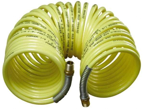 Parker - 1/2" ID, 1/2 Thread, 25' Long, Yellow Nylon Coiled & Self Storing Hose - 225 Max psi, Male Rigid x Male Swivel - Eagle Tool & Supply