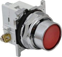 Eaton Cutler-Hammer - 30-1/2mm Mount Hole, Flush, Pushbutton Switch with Contact Block - Round, Red Pushbutton, Nonilluminated, Momentary (MO), Corrosion Resistant, Oiltight and Watertight - Eagle Tool & Supply