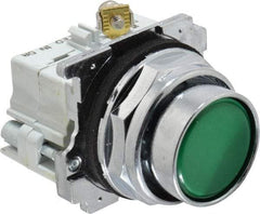 Eaton Cutler-Hammer - 30-1/2mm Mount Hole, Flush, Pushbutton Switch with Contact Block - Round, Green Pushbutton, Nonilluminated, Momentary (MO), Corrosion Resistant, Oiltight and Watertight - Eagle Tool & Supply