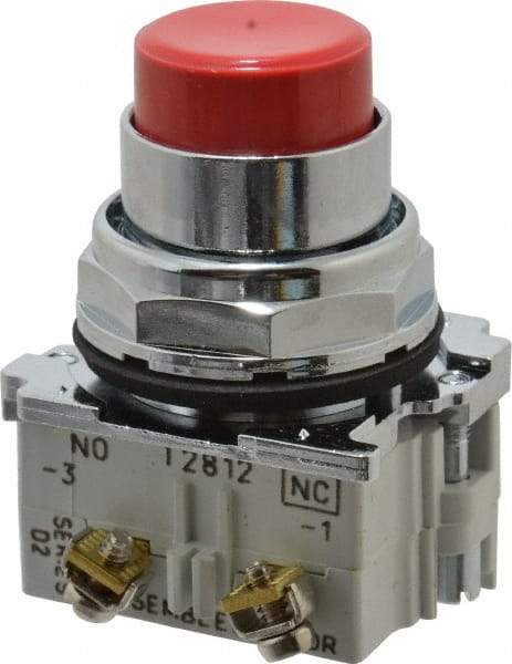 Eaton Cutler-Hammer - 30-1/2mm Mount Hole, Extended Straight, Pushbutton Switch with Contact Block - Round, Red Pushbutton, Nonilluminated, Momentary (MO), Corrosion Resistant, Oiltight and Watertight - Eagle Tool & Supply