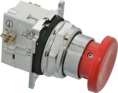 Eaton Cutler-Hammer - 30-1/2mm Mount Hole, Extended Mushroom Head, Pushbutton Switch with Contact Block - Round, Red Pushbutton, Nonilluminated, Momentary (MO), Corrosion Resistant, Oiltight and Watertight - Eagle Tool & Supply