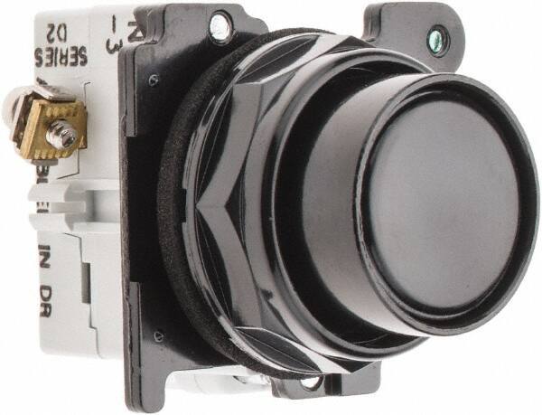 Eaton Cutler-Hammer - 30-1/2mm Mount Hole, Flush, Pushbutton Switch with Contact Block - Round, Black Pushbutton, Nonilluminated, Momentary (MO), Corrosion Resistant, Oiltight and Watertight - Eagle Tool & Supply