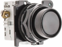 Eaton Cutler-Hammer - 30-1/2mm Mount Hole, Flush, Pushbutton Switch with Contact Block - Round, Black Pushbutton, Nonilluminated, Momentary (MO), Corrosion Resistant, Oiltight and Watertight - Eagle Tool & Supply