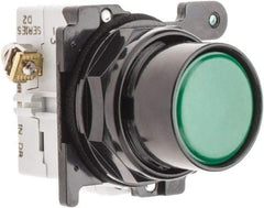 Eaton Cutler-Hammer - 30-1/2mm Mount Hole, Flush, Pushbutton Switch with Contact Block - Round, Green Pushbutton, Nonilluminated, Momentary (MO), Corrosion Resistant, Oiltight and Watertight - Eagle Tool & Supply