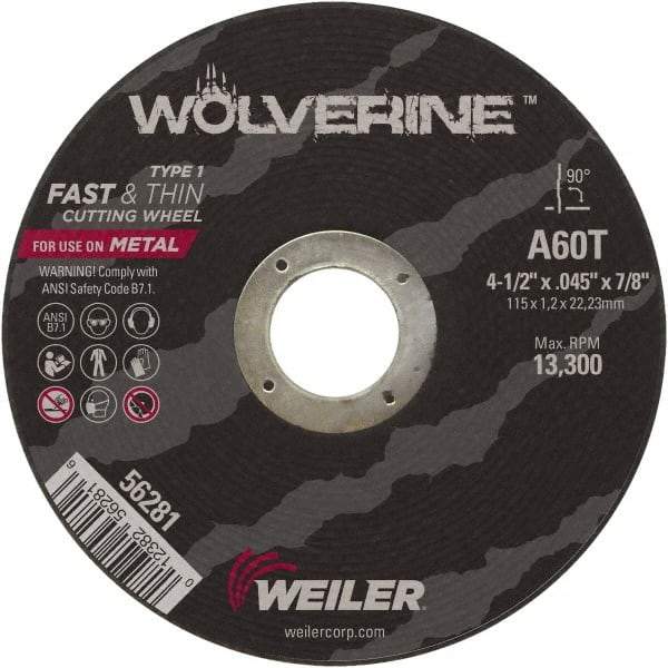 Weiler - 4-1/2" 60 Grit Aluminum Oxide Cutoff Wheel - 0.045" Thick, 7/8" Arbor, 13,300 Max RPM, Use with Angle Grinders - Eagle Tool & Supply