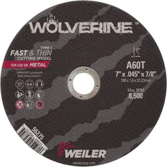 Weiler - 7" 60 Grit Aluminum Oxide Cutoff Wheel - 0.045" Thick, 7/8" Arbor, 8,500 Max RPM, Use with Angle Grinders - Eagle Tool & Supply