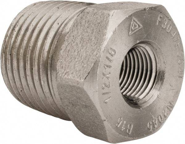Merit Brass - 1/2 x 1/8" Grade 304/304L Stainless Steel Pipe Hex Bushing - MNPT x FNPT End Connections, 3,000 psi - Eagle Tool & Supply