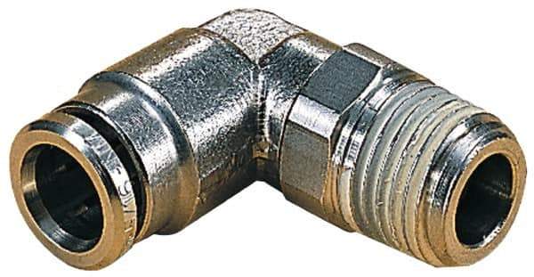 Norgren - 14mm Outside Diam, 3/8 BSPT, Nickel Plated Brass Push-to-Connect Tube Male Swivel Elbow - 260 Max psi, Tube to Male BSPT Connection, Nitrile O-Ring - Eagle Tool & Supply