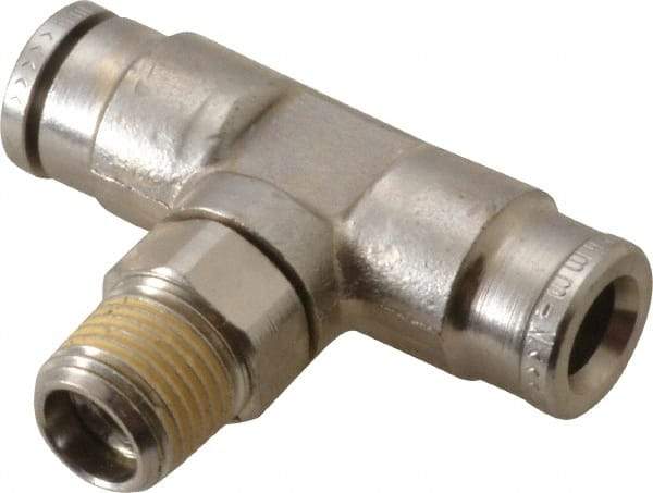 Norgren - 6mm Outside Diam, 1/8 BSPT, Nickel Plated Brass Push-to-Connect Tube Male Swivel Branch Tee - 260 Max psi, Tube to Male BSPT Connection, Nitrile O-Ring - Eagle Tool & Supply
