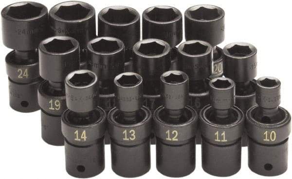 SK - 15 Piece 1/2" Drive Standard Impact Socket Set - 6 Points, 10 to 24mm, Metric Measurement Standard - Eagle Tool & Supply