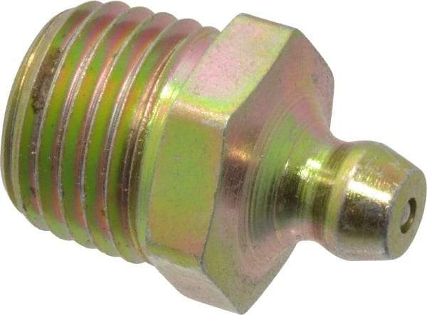 PRO-LUBE - Straight Head Angle, 1/4-18 NPT Steel Standard Grease Fitting - 9/16" Hex, 22mm Overall Height, 10.7mm Shank Length, Zinc Plated Finish - Eagle Tool & Supply