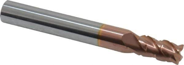 ProMax - 9/32" Diam, 1/2" LOC, 4 Flute Solid Carbide Roughing & Finishing Corner Radius End Mill - TiCN Finish, 2-1/2" OAL, 5/16" Shank Diam, Weldon Shank, 40° Helix, Centercutting, Stub Length - Eagle Tool & Supply
