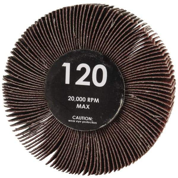 Value Collection - 3" Diam x 1" Face Width, Fine Aluminum Oxide Coated Mounted Flap Wheel - 1/4" Shank Mount, 120 Grit, Cloth Backing, 23,800 Max RPM - Eagle Tool & Supply