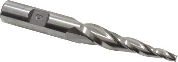 Made in USA - 5° Taper Angle per Side, 5/32" Small End Diam, 2" LOC, High Speed Steel 3 Flute Tapered Square End Mill - 3-7/8" OAL, 1/2" Shank Diam, Spiral Flute - Eagle Tool & Supply
