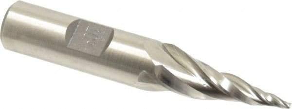 Made in USA - 10° Taper Angle per Side, 1/16" Small End Diam, 1" LOC, High Speed Steel 3 Flute Tapered Square End Mill - 2-7/8" OAL, 1/2" Shank Diam, Spiral Flute - Eagle Tool & Supply