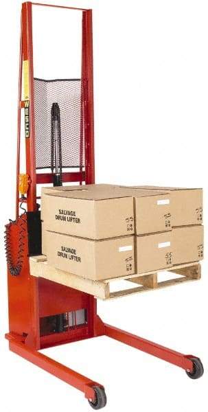 Wesco Industrial Products - 1,000 Lb Capacity, 76" Lift Height, Battery Powered Stacker - 3/4" Lowered Height, 15" Load Center, 25" Fork Length, 25" Overall Width - Eagle Tool & Supply