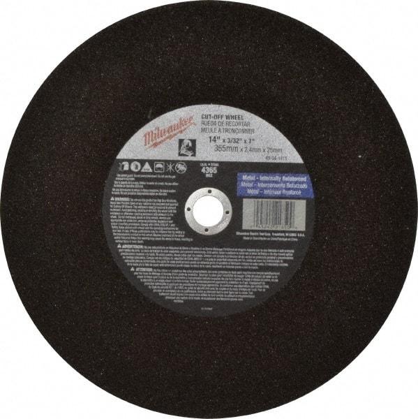 Milwaukee Tool - 14" 36 Grit Aluminum Oxide Cutoff Wheel - 3/32" Thick, 1" Arbor, 4,365 Max RPM, Use with Angle Grinders - Eagle Tool & Supply