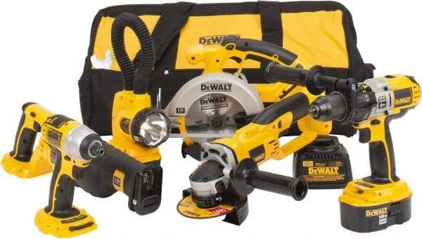 DeWALT - 17 Piece 18 Volt Cordless Tool Combination Kit - Includes 1/4" Impact Driver, 6-1/2" Circular Saw, Cut-Off Tool, Reciprocating Saw, 1/2" Hammer Drill, Battery Included - Eagle Tool & Supply