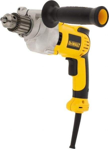 DeWALT - 1/2" Keyed Chuck, 0 to 1,250 RPM, Pistol Grip Handle Electric Drill - 10 Amps, Reversible, Includes 360° Locking Side Handle with Soft Grip & Chuck Key with Holder - Eagle Tool & Supply