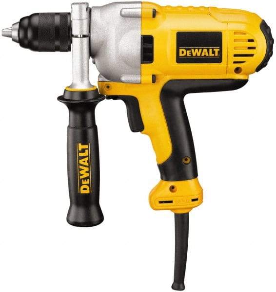 DeWALT - 1/2" Keyless Chuck, 0 to 1,250 RPM, Mid-Handle Grip Electric Drill - 10 Amps, Reversible, Includes 360° Locking Side Handle with Soft Grip - Eagle Tool & Supply