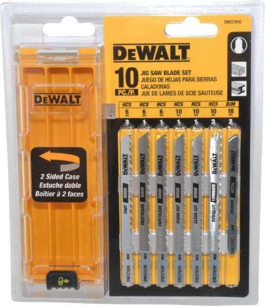 DeWALT - 10 Piece, 3" to 4" Long, 6 to 18 Teeth per Inch, Bi-Metal and High Carbon Steel Jig Saw Blade Set - T-Shank - Eagle Tool & Supply