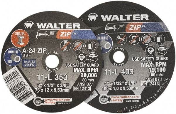 WALTER Surface Technologies - 4" 24 Grit Aluminum Oxide Cutoff Wheel - 1/16" Thick, 3/8" Arbor, 19,100 Max RPM, Use with Die Grinders - Eagle Tool & Supply