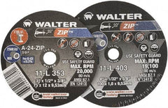 WALTER Surface Technologies - 4" 24 Grit Aluminum Oxide Cutoff Wheel - 1/16" Thick, 3/8" Arbor, 19,100 Max RPM, Use with Die Grinders - Eagle Tool & Supply