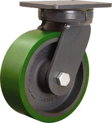 Hamilton - 8" Diam x 3" Wide x 10-1/2" OAH Top Plate Mount Swivel Caster - Polyurethane Mold onto Cast Iron Center, 2,500 Lb Capacity, Tapered Roller Bearing, 5-1/4 x 7-1/4" Plate - Eagle Tool & Supply