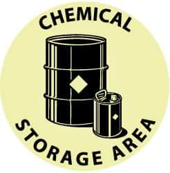 NMC - Chemical Storage Area, Anti-Skid Pressure-Sensitive Vinyl Floor Sign - Round, Black on Yellow, Adhesive Backed, For Hazardous Materials - Eagle Tool & Supply
