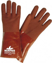 MCR Safety - Size L (9), 14" Long, 28 mil Thick, Supported, PVC Chemical Resistant Gloves - Rough Finish, Fleece/Jersey Lined, Red - Eagle Tool & Supply