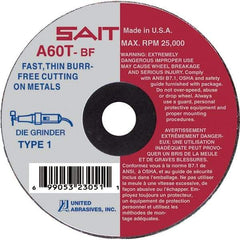 Sait - 4" 60 Grit Aluminum Oxide Cutoff Wheel - 0.035" Thick, 1/4" Arbor, 19,000 Max RPM, Use with Die Grinders - Eagle Tool & Supply