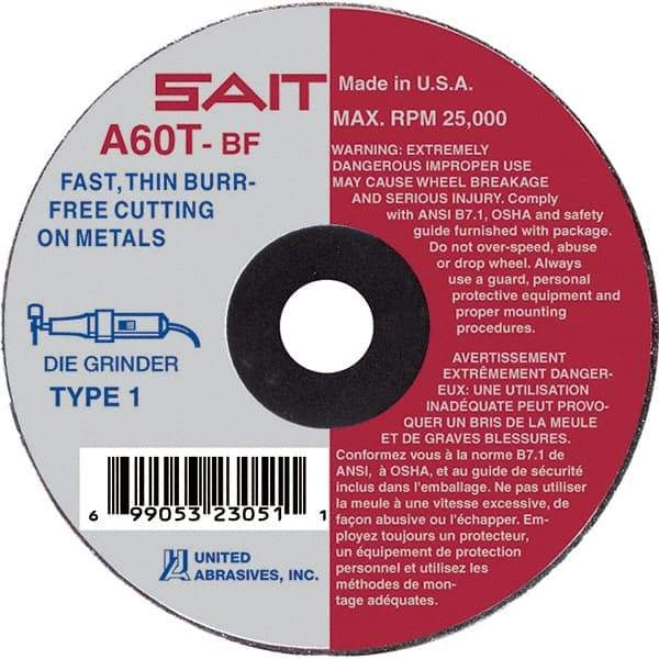 Sait - 3" 60 Grit Aluminum Oxide Cutoff Wheel - 1/16" Thick, 1/4" Arbor, 25,000 Max RPM, Use with Die Grinders - Eagle Tool & Supply