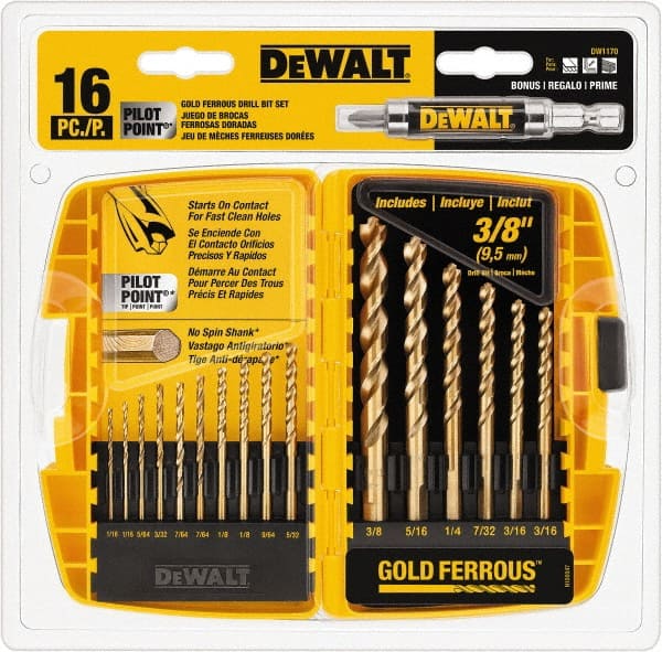 DeWALT - 1/16 to 3/8", 135° Point, Gold Ferrous Oxide Finish, High Speed Steel Maintenance Length Drill Bit Set - Eagle Tool & Supply