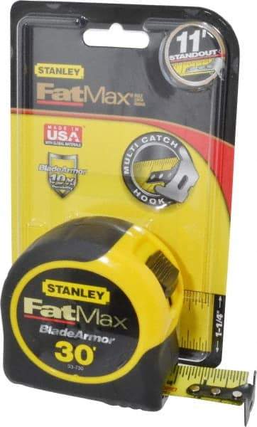 Stanley - 30' x 1-1/4" Yellow Blade Tape Measure - 1/16" Graduation, Inch Graduation Style, Yellow/Black Case - Eagle Tool & Supply