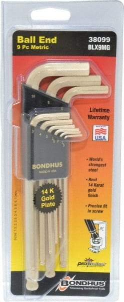 Bondhus - 9 Piece L-Key Ball End Hex Key Set - Hex Range 1.5 to 10mm, Steel - Eagle Tool & Supply