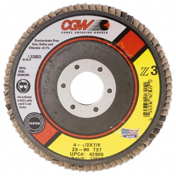 Camel Grinding Wheels - 80 Grit, 6" Disc Diam, 5/8-11 Center Hole, Type 27 Zirconia Alumina Flap Disc - 10,200 Max RPM, Poly Cotton Backing, Arbor Attaching System, Coated - Eagle Tool & Supply