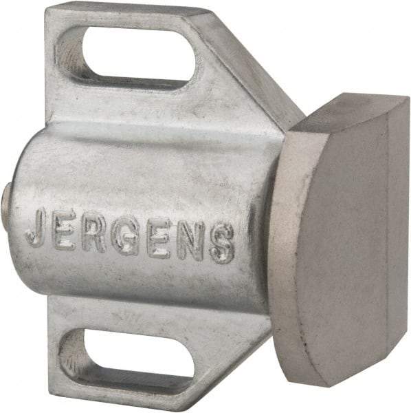Jergens - 1-1/2" Body Width x 1" Body Len, 3/16" Stroke Len, 1-1/8" Btw Mt Hole Ctrs, Tangless Square Spring Locating Stop - 32 Lb Init End Force, 14 Lb Mid End Force, 32 Lb Final End Force, 1-1/8" Stop Head Width x 1-1/8" Stop Head Height - Eagle Tool & Supply